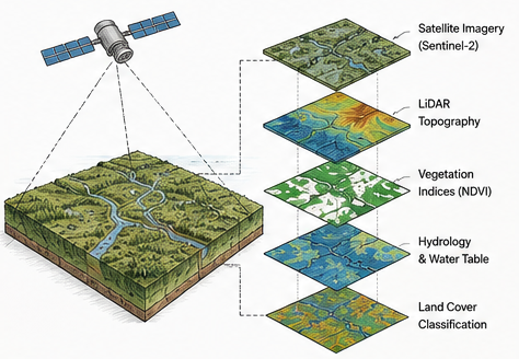 Proposed Carbon2Green geospatial monitoring stack combining satellite imagery, LiDAR, vegetation indices, hydrology and land cover
