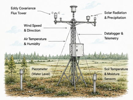 Proposed Carbon2Green field monitoring equipment including an eddy covariance tower, piezometers and soil sensors