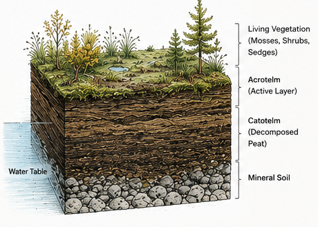 Technical peat profile showing living vegetation, acrotelm, catotelm, mineral soil and water table